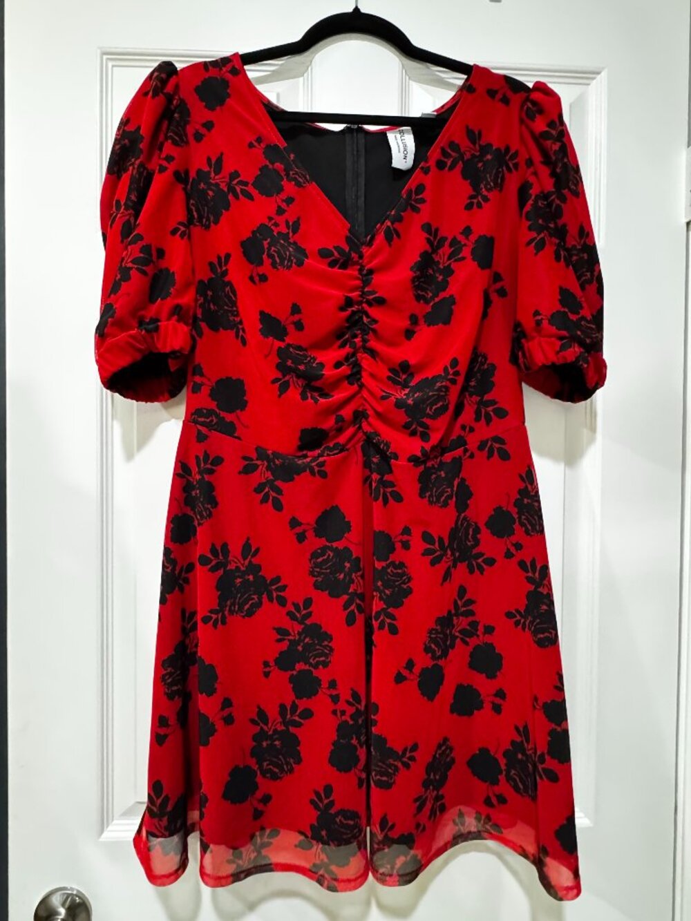 Red Puff Sleeve Mini Dress with Black Florals